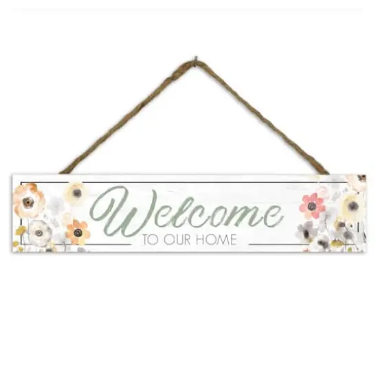 Welcome Florals 17" x 3.5" Outdoor/Indoor Hanging Sign {1}
