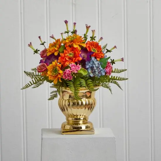 14" Mixed Floral Artificial Arrangement in Gold Urn {5}