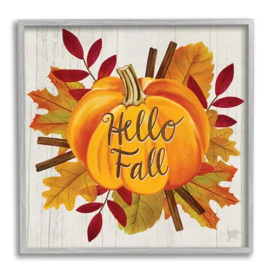 Stupell Industries Hello Fall Sentiment Orange Pumpkin Autumn Tree Leaves Gray Framed Wall Art, 12" x 12" {1}