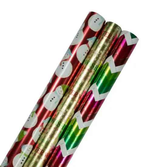 JAM Paper Red Foil Merry Christmas, Green Greetings & Green Red Stripe Gift Wrap Set {3}