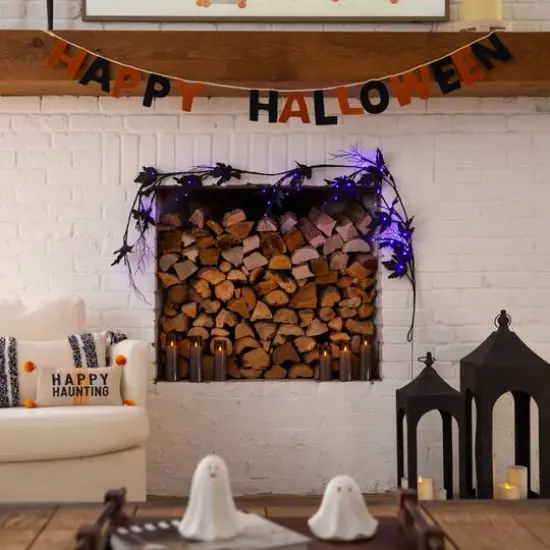 6.5ft. Pre-Lit Artificial Halloween Black Maple Garland with 48 Orange & Purple LED Lights {12}