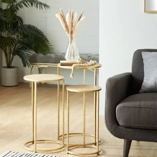 Gold Round Metal Glam Accent Table Set {7}