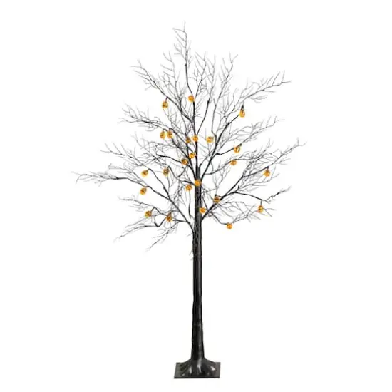 4ft. Pre-Lit Artificial Halloween Black Twig Tree with 24 Orange LED Pumpkin Shaped Lights {1}
