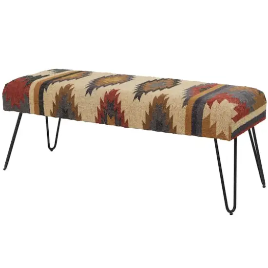 47" Multicolored Metal Tribal Bench with Metal Hairpin Legs {1}