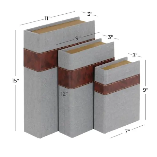 Gray Linen Faux Book Box with Faux Leather Detailing Set {7}