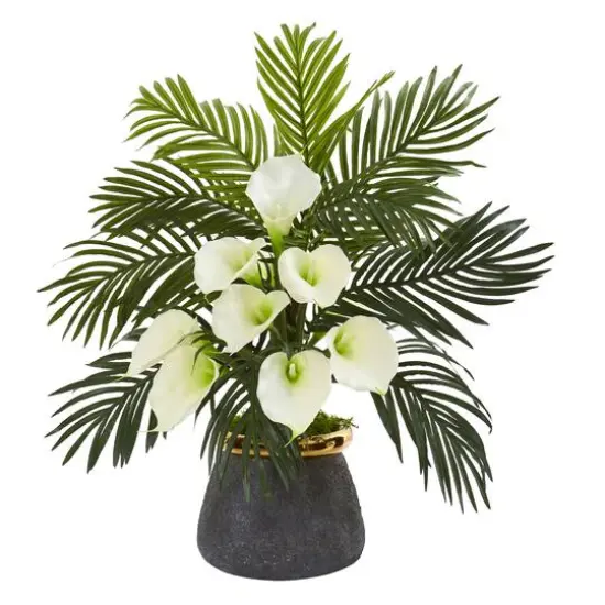 2ft. Calla Lily & Areca Palm Artificial Arrangement in Stoneware Vase Pink {2}