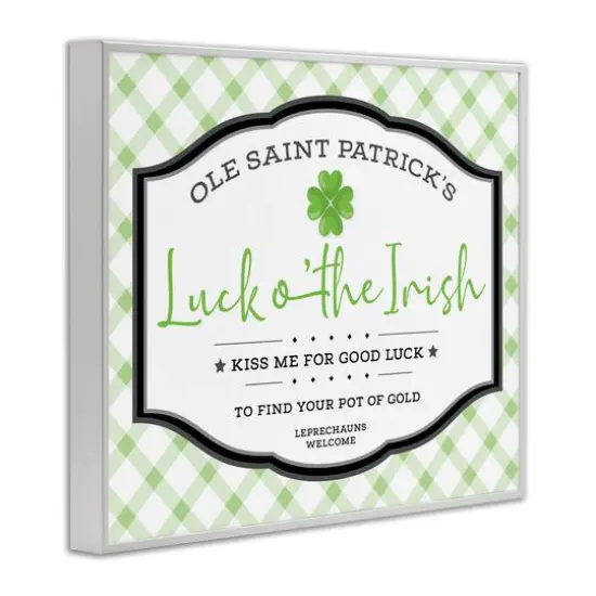 Stupell Industries Saint Patrick's Luck o'the Irish Sign Green Plaid Framed Giclee Art White {4}