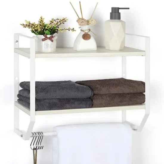 2-Layer Wall Mounted Rustic Shelves with Iron Towel Bar White {1}