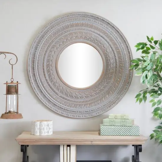 Gray Wood Carved Tribal Wall Mirror 36" x 2" x 36" {7}