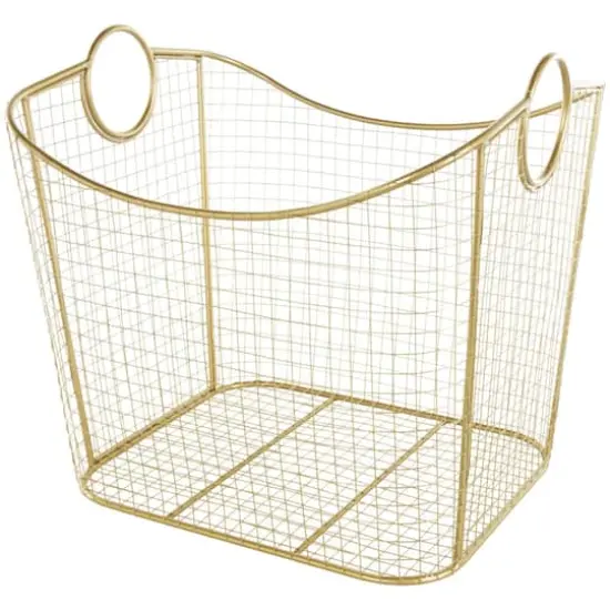 20" Gold Metal Storage Basket with Curved Sides & Ring Handles {1}
