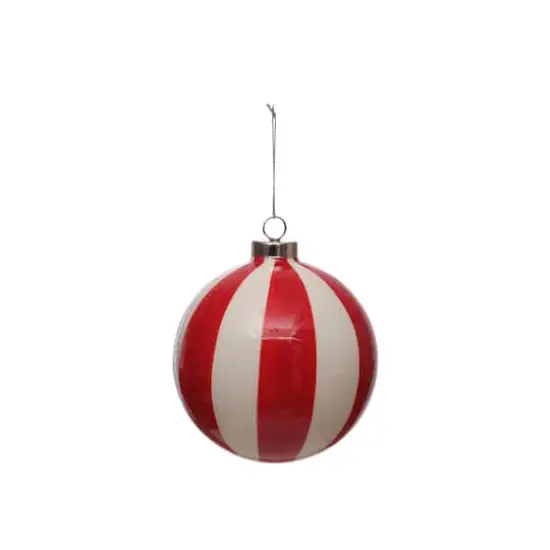 3.75" Red & White Vertical Peppermint Stripes Ceramic Ball Ornament by Ashland&reg; {1}