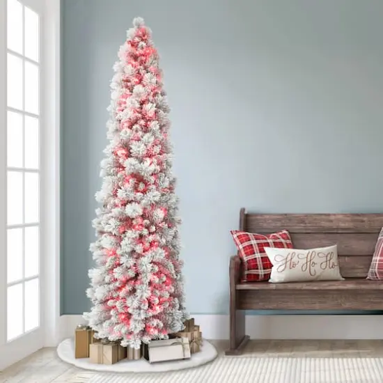 7.5ft. Pre-Lit Flocked Portland Pine Artificial Pencil Christmas Tree, Pink Lights {4}