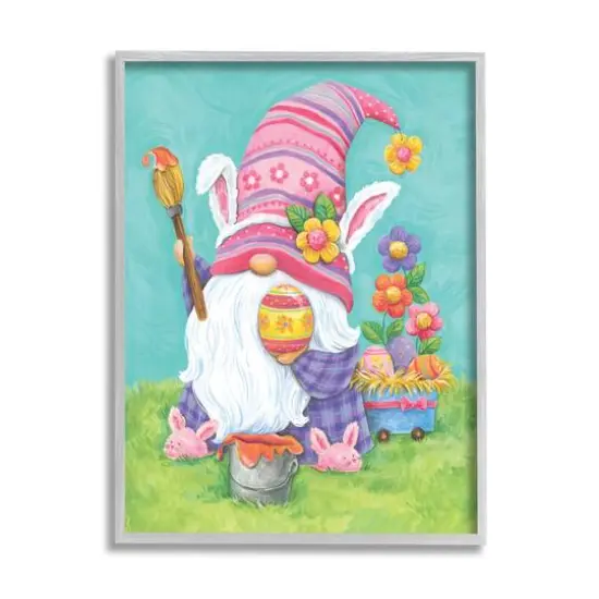 Stupell Industries Whimsical Gnome Painting Easter Eggs Festive Flowers Framed Giclee Art Gray {1}
