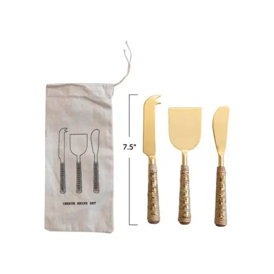 Hello Honey&reg; Gold Stainless Steel Cheese Server Set with Rattan-Wrapped Mango Wood Handles {4}