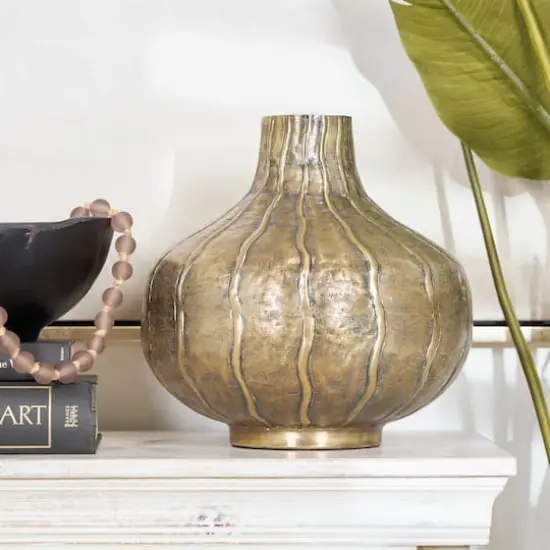 13" Brass Metal Wide Snakeskin Inspired Vase with Dimensional Wavy Accents {3}