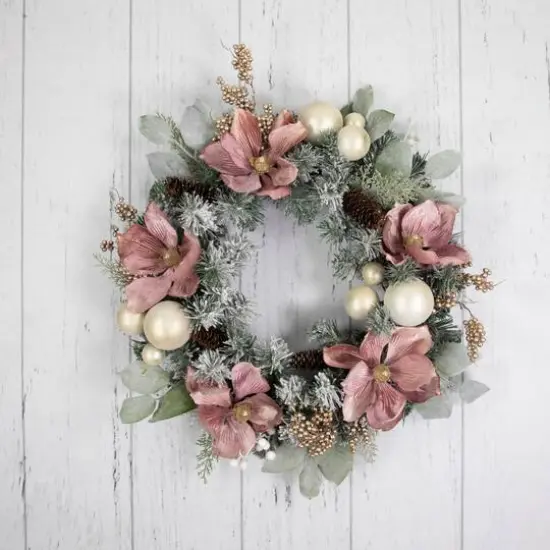 24" Artificial Christmas Decorated Floral Frosted Pine Wreath {3}