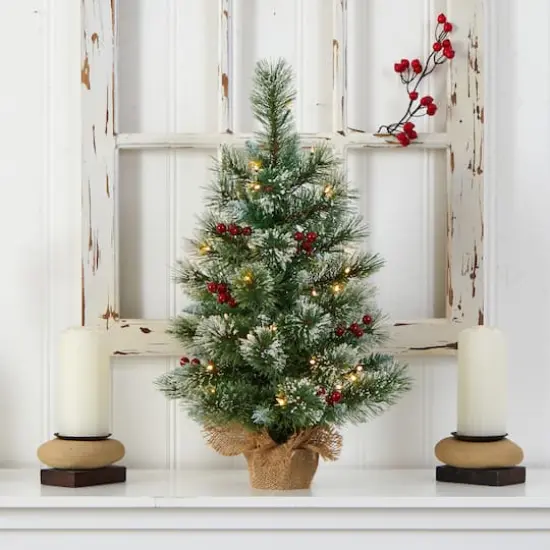 2ft. Pre-Lit Flocked Pine & Berry Artificial Christmas Tree in Burlap Base, Warm White LED Lights {5}