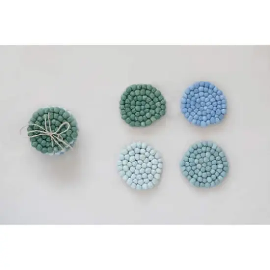 Hello Honey&reg; Blue Tones Handmade Wool Felt Ball Coaster Set {3}