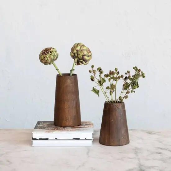 Hello Honey&reg; Brown Round Reclaimed Wood Vase with Distressed Finish Set {4}