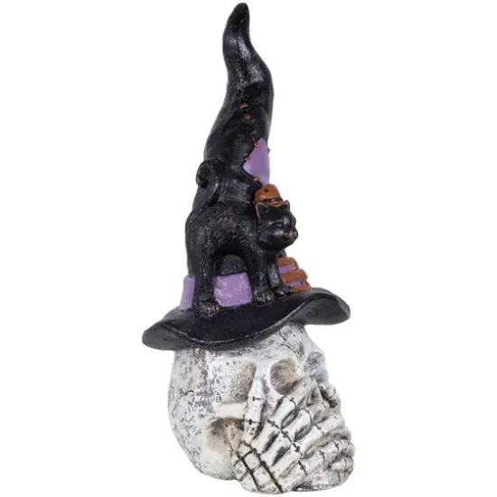 22.75" Skull in Witch Hat with Black Cat Halloween Decoration {6}