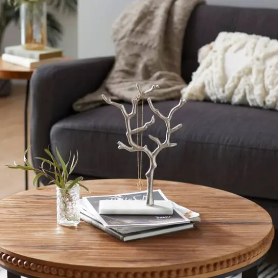 Silver Metal Tree Branch Jewelry Stand With Marble Base, 13" x 9" x 3" {7}