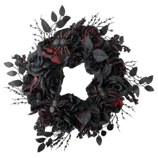 24" Burgundy & Black Roses with Spiders Halloween Wreath {1}