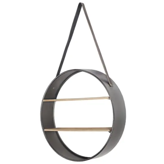 33" Metal & Wood Round Hanging Wall Shelf With Strap {1}