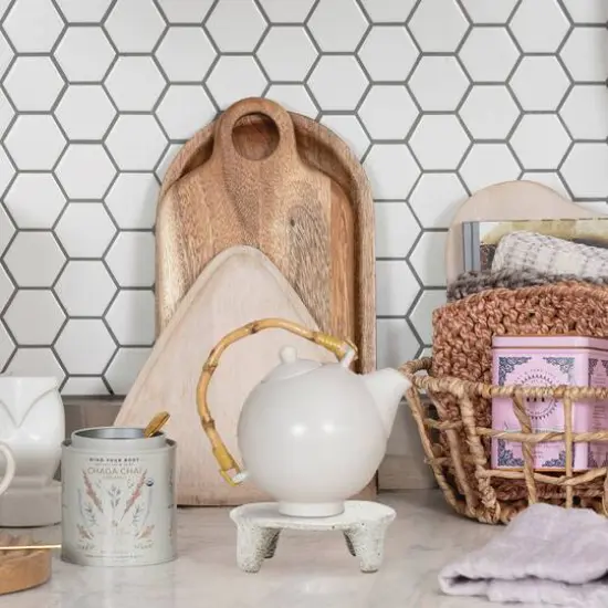 Hello Honey&reg; 4.5" Cream Reactive Glaze Stoneware Footed Dish Coaster {4}