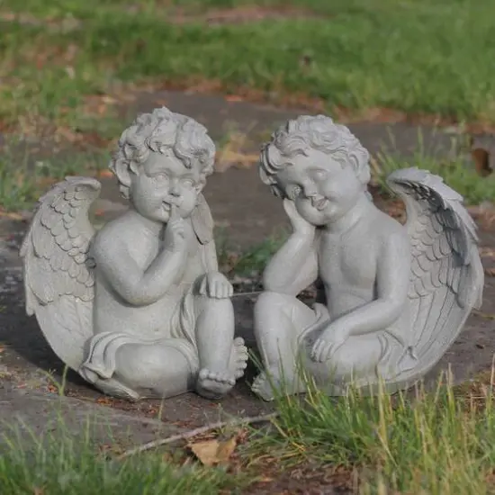12.5" Distressed Gainsboro Gray Sitting Cherub Angels Outdoor Garden Statues {5}