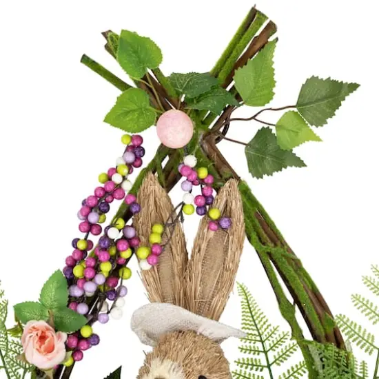 20" Pink Flower Bunny Moss Vines Teardrop Easter Wreath {5}