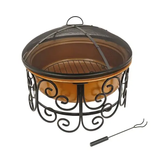 30" Deep Bowl Copper Fire Pit with Stand & Screen {1}