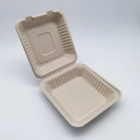 9" Natural Beige Single-Compartment Hinged Compostable Take Out Containers, 200ct. {3}