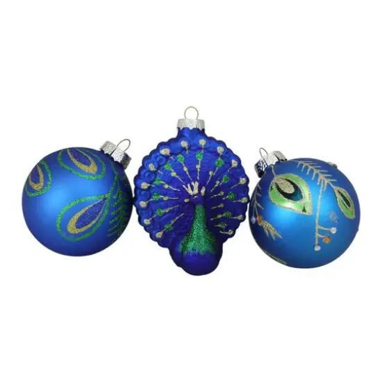 3.75" Royal Blue & Green Peacock Glass Christmas Ornaments, 3ct. {1}