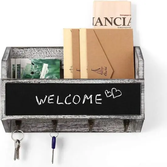 NEX&trade; Wall Mount Mail & Key Holder Organizer with Chalkboard Surface Rustic White-Gray {1}