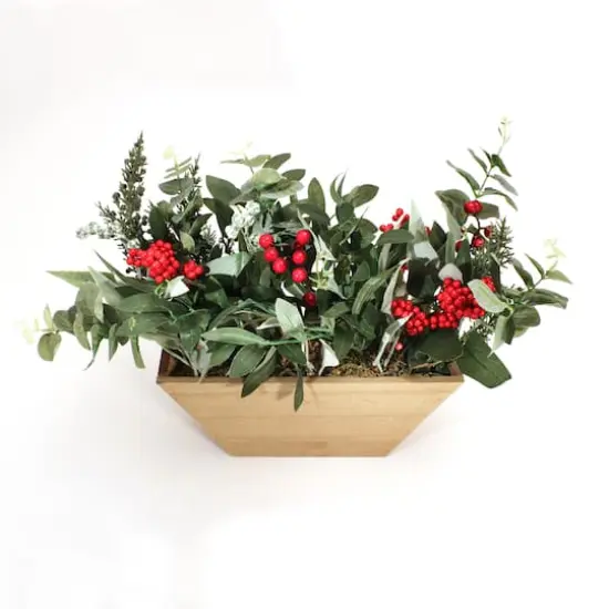 22" Christmas Wooden Pot with Mixed Eucalyptus & Berry {5}
