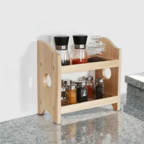 NEX&trade; 2-Tier Wood Spice Rack Countertop Organizer Rustic Style Natural Wood {7}