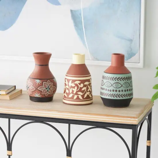 Orange Ceramic Floral Vase Set with 3 Different Patterns & Shapes {3}