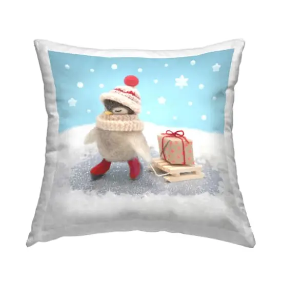 Stupell Industries Snowy Penguin Holiday Sled with Gift Throw Pillow {1}