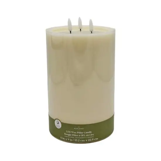 6" x 9" Flickering 3-Wick LED Wax Pillar Candle by Ashland&reg; Ivory {4}