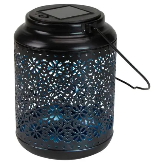 7" Black Integrated Floral LED Solar Outdoor Lantern with Handle {6}