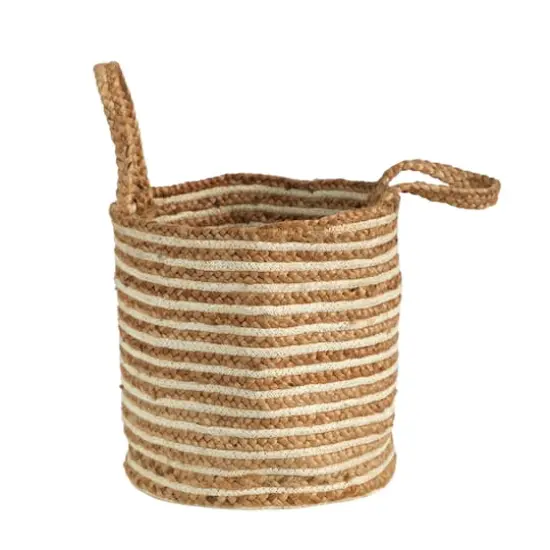 14'' Handwoven Stripe Natural Cotton and Jute Boho Chic Basket Planter {1}