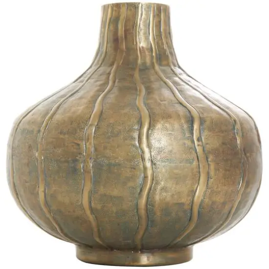 13" Brass Metal Wide Snakeskin Inspired Vase with Dimensional Wavy Accents {7}