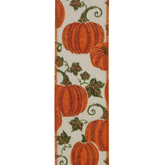 Reliant 2.5" x 10yd. Muslin Wired Leafy Pumpkin Sparkle Ribbon {3}