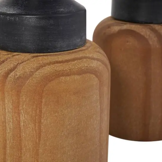 Black Metal Turned Style Pillar Candle Holder with Brown Wood Bases Set {6}