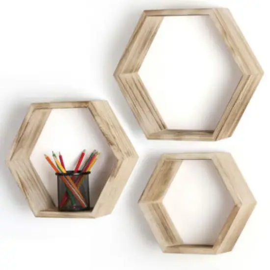 Rustic Brown Floating Hexagonal Shelf Set {1}
