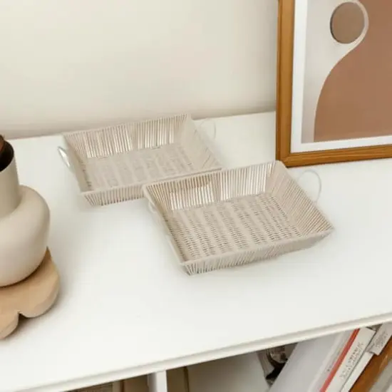 Cream Cotton Handmade Woven Storage Basket with Handles Set of 2 18", 17" {1}