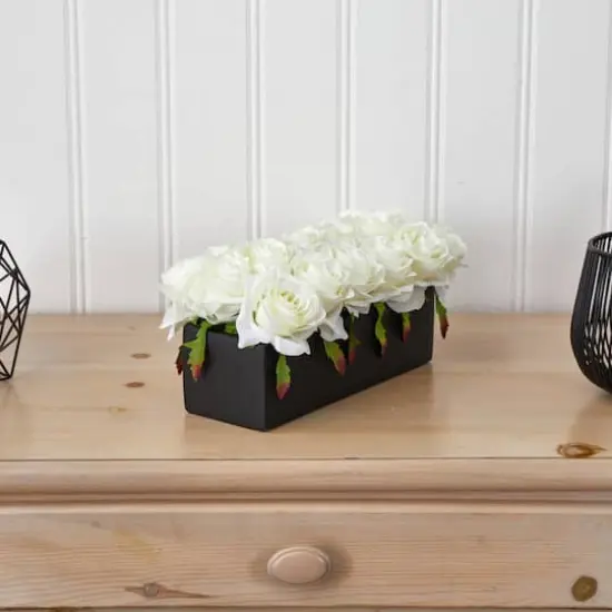 6" White Dozen Roses in Black Rectangular Ceramic Planter {8}