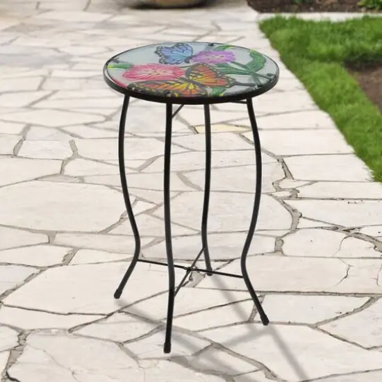 19" Floral & Butterfly Glass Patio Side Table {3}