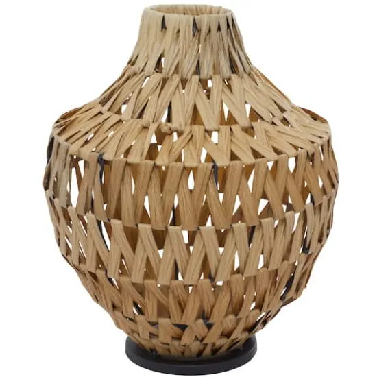 Brown Plastic Rattan Handmade Woven Vase with Black Metal Base 14" x 14" x 17" {3}