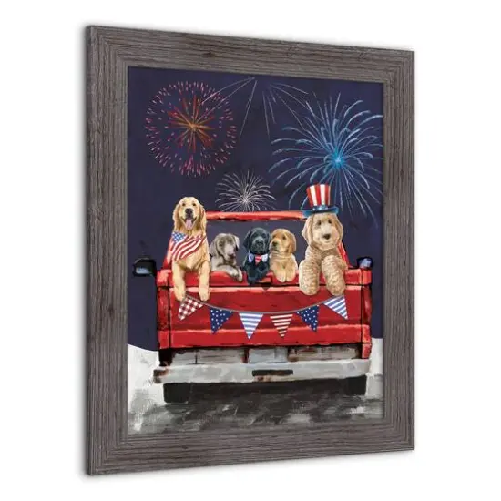 Patriotic Truck Pups Western Framed Print Gray Frame {4}